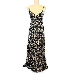 LOFT Ikat Boho Maxi Dress Black and Cream Lightweight‎ V neck Empire Waist Small
